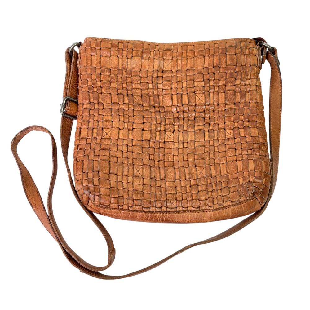 Anthropologie Vilenca Holland Basket Weave Leather Crossbody Bag Cognac